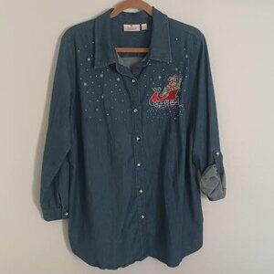 QUACKER FACTORY WOMEN'S CHRISTMAS DENIM SHIRT LONG ROLL TAB SLEEVE SLED SIZE 1X